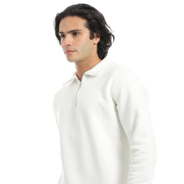 White_Turned_Down_Collar_With_Zipper_Closure_Basic_Sweatshirt-White