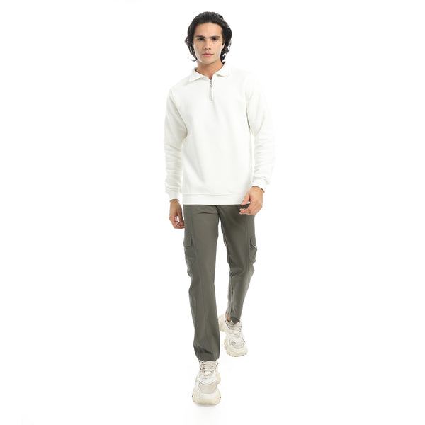 White_Turned_Down_Collar_With_Zipper_Closure_Basic_Sweatshirt-White