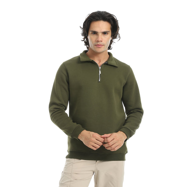 Olive_Turned_Down_Collar_With_Zipper_Closure_Basic_Sweatshirt-Green