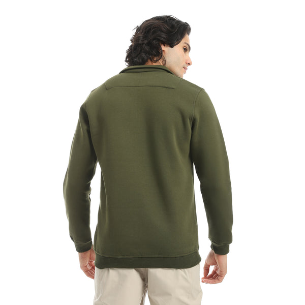 Olive_Turned_Down_Collar_With_Zipper_Closure_Basic_Sweatshirt-Green