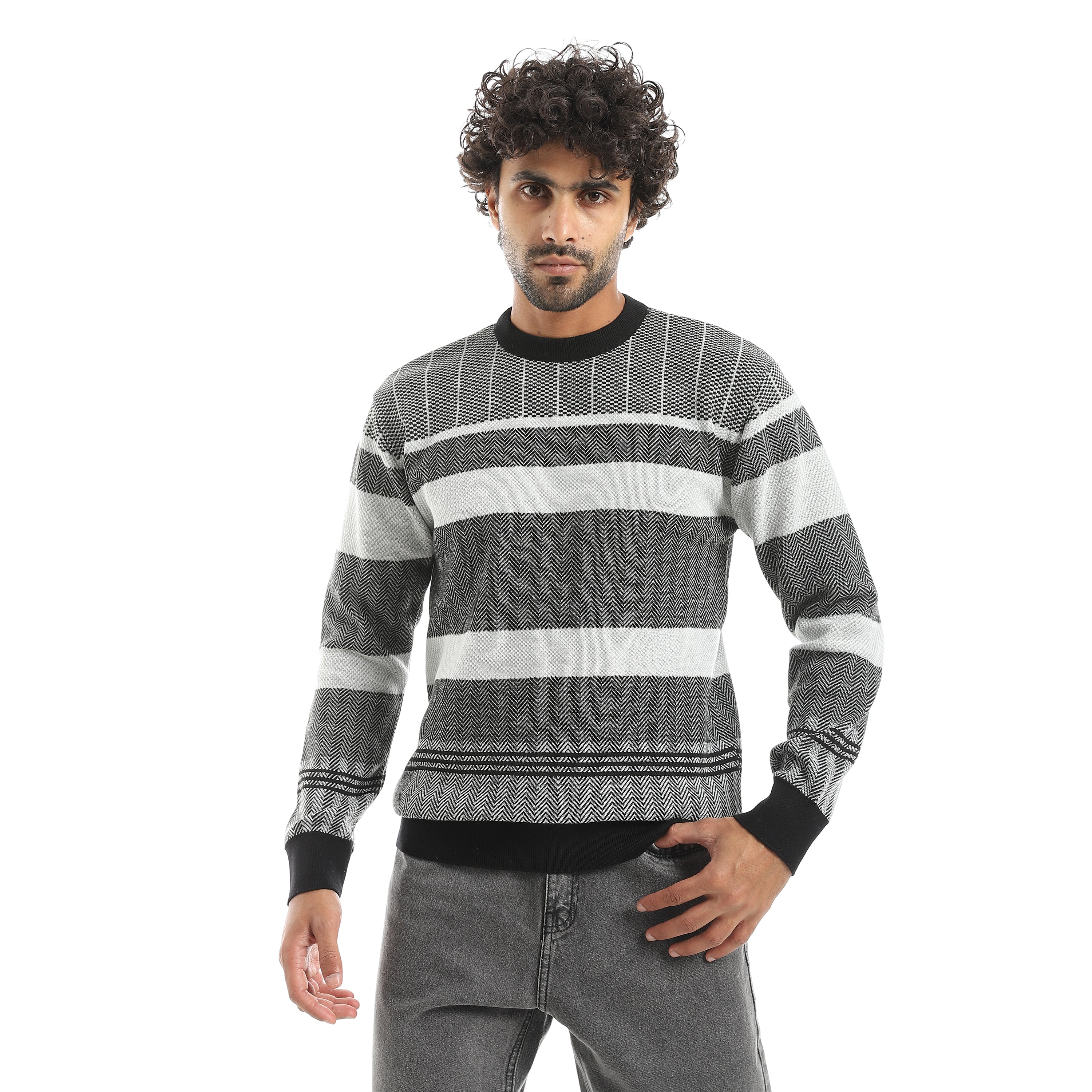 Mix_Self_Patterened_Round_Collar_Long_Sleeves_Pullover_Grey_&_Black_Grey_&_Black