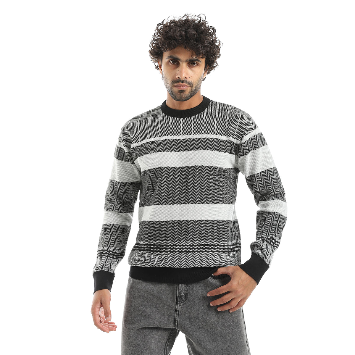 Mix_Self_Patterened_Round_Collar_Long_Sleeves_Pullover_Grey_&_Black_Grey_&_Black