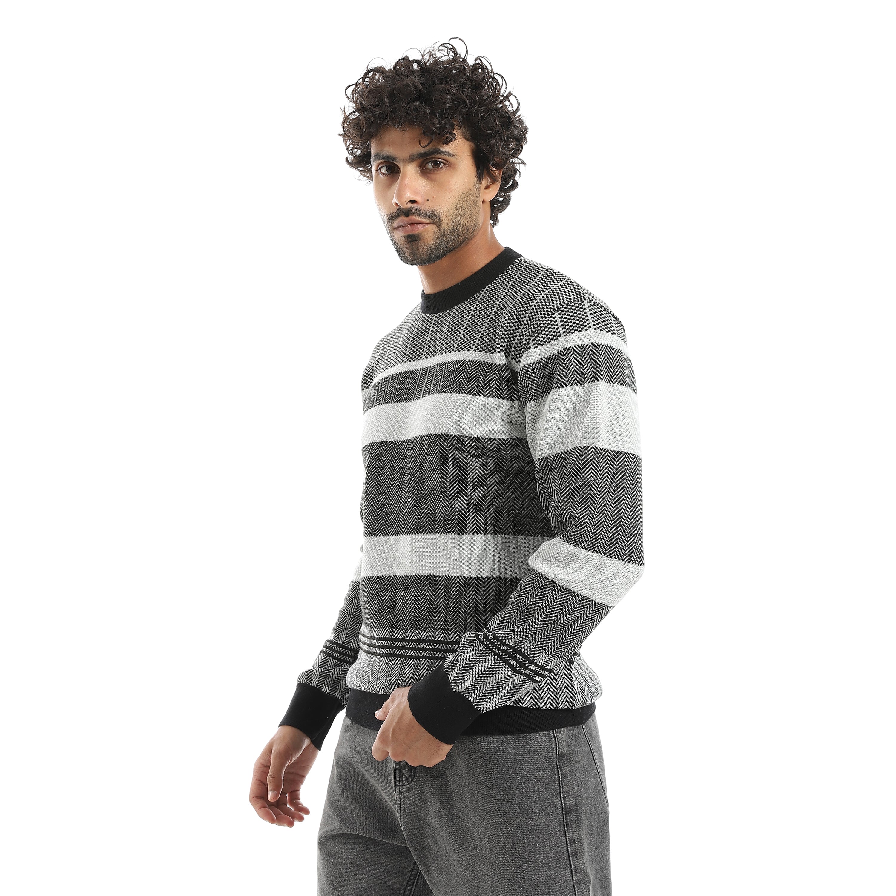 Mix_Self_Patterened_Round_Collar_Long_Sleeves_Pullover_Grey_&_Black_Grey_&_Black