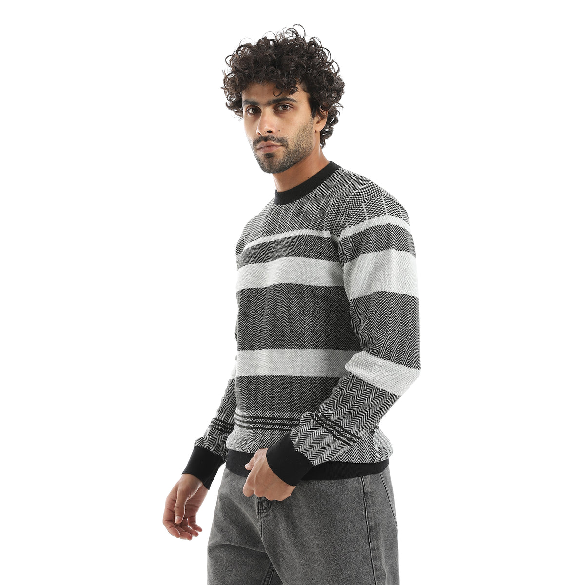 Mix_Self_Patterened_Round_Collar_Long_Sleeves_Pullover_Grey_&_Black_Grey_&_Black