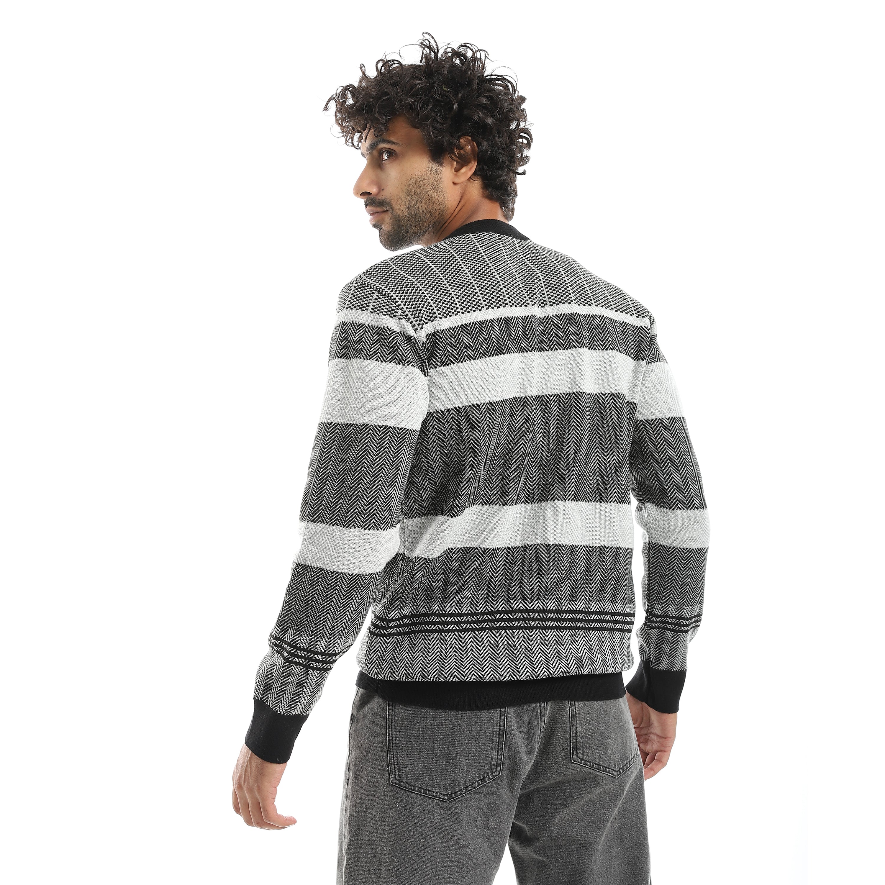 Mix_Self_Patterened_Round_Collar_Long_Sleeves_Pullover_Grey_&_Black_Grey_&_Black