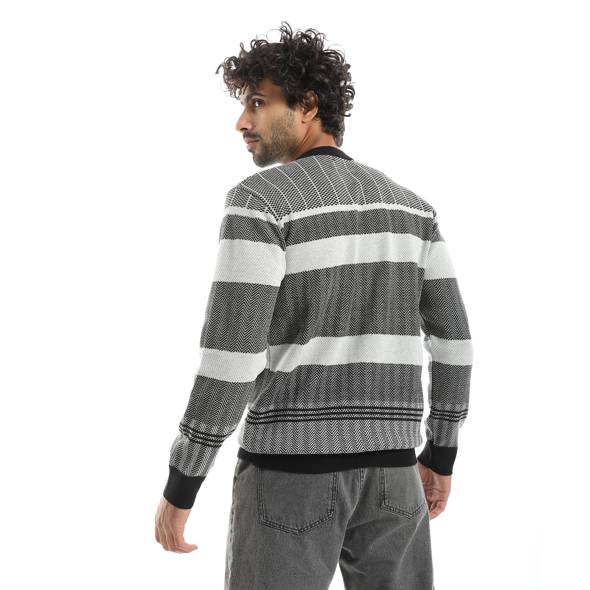 Mix_Self_Patterened_Round_Collar_Long_Sleeves_Pullover_Grey_&_Black_Grey_&_Black