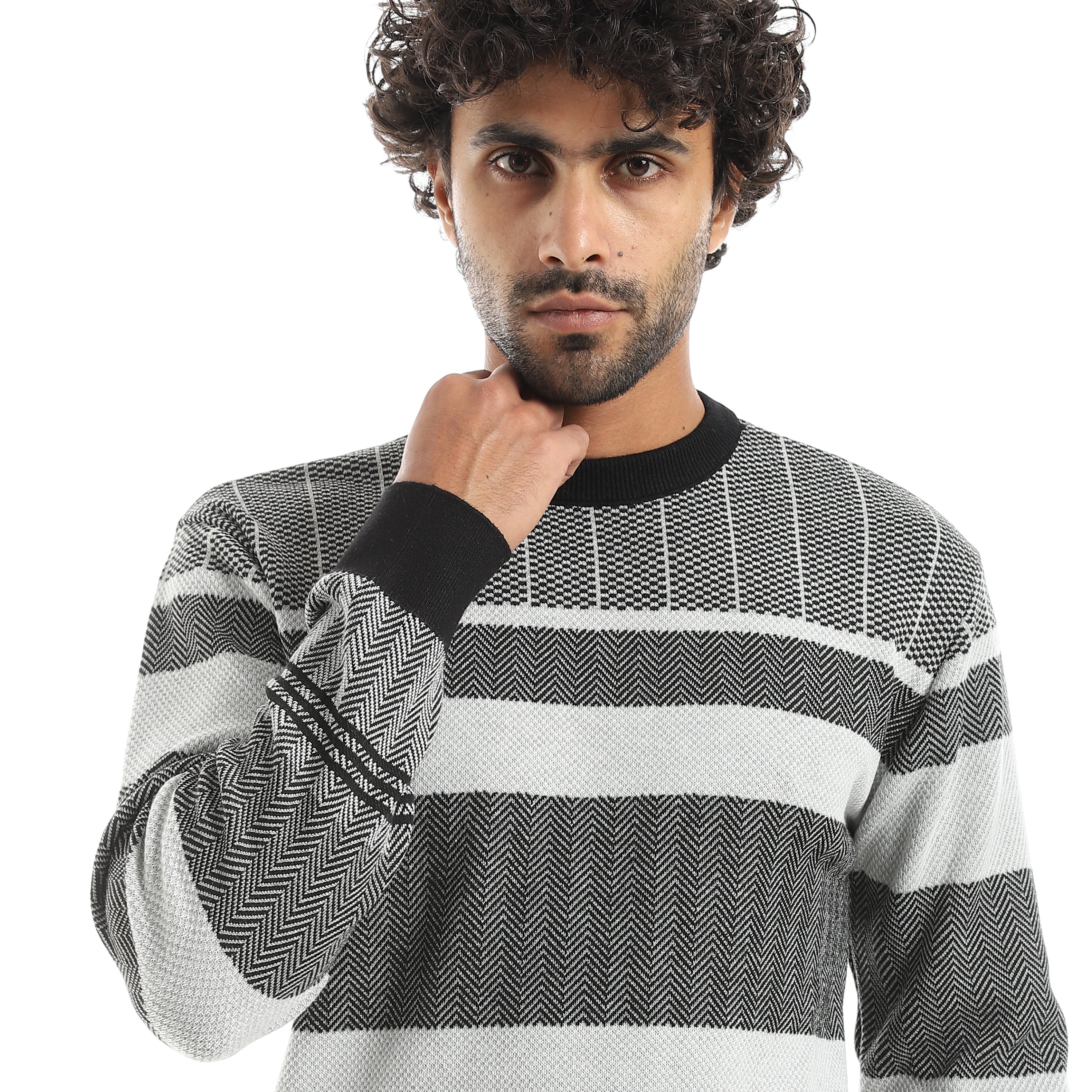 Mix_Self_Patterened_Round_Collar_Long_Sleeves_Pullover_Grey_&_Black_Grey_&_Black