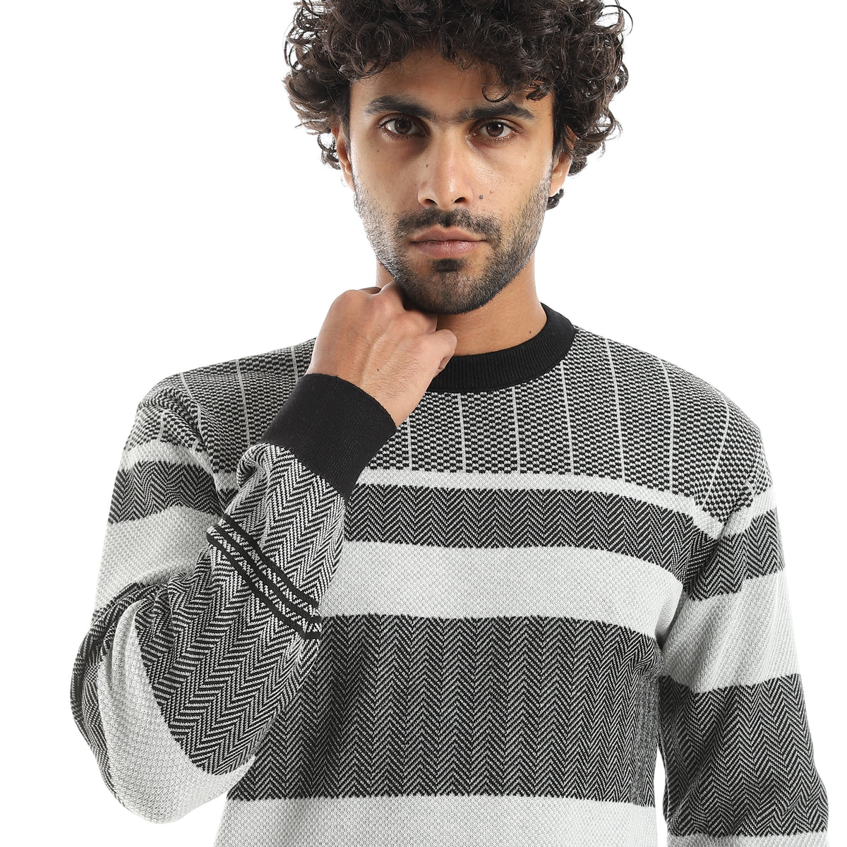 Mix_Self_Patterened_Round_Collar_Long_Sleeves_Pullover_Grey_&_Black_Grey_&_Black