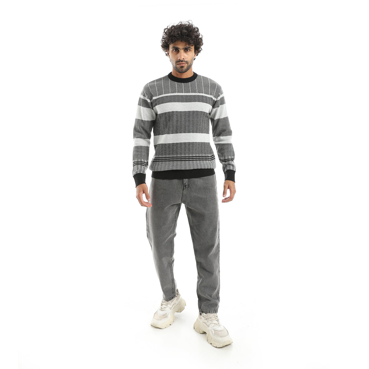 Mix_Self_Patterened_Round_Collar_Long_Sleeves_Pullover_Grey_&_Black_Grey_&_Black