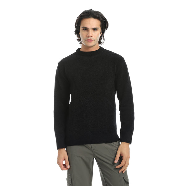 Black_Velvet_Round_Collar_Long_Sleeves_Smart_Casual_Pullover-Black