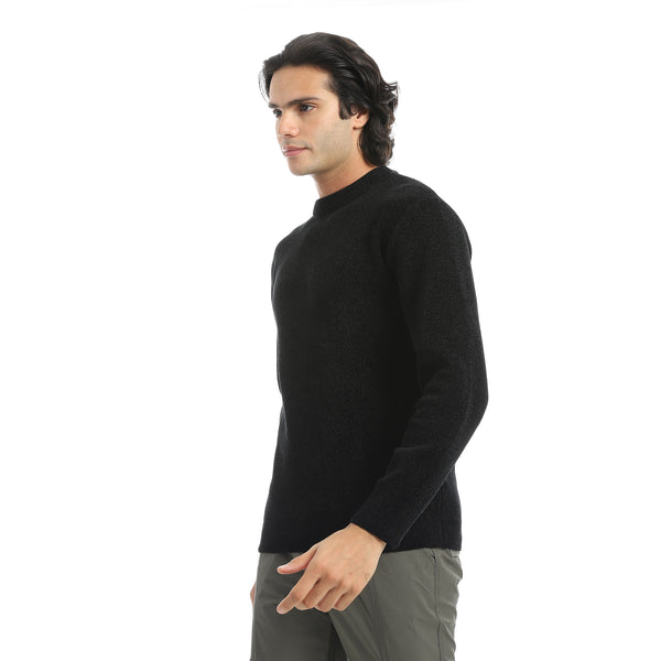 Black_Velvet_Round_Collar_Long_Sleeves_Smart_Casual_Pullover-Black