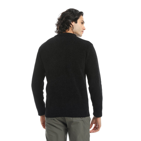 Black_Velvet_Round_Collar_Long_Sleeves_Smart_Casual_Pullover-Black