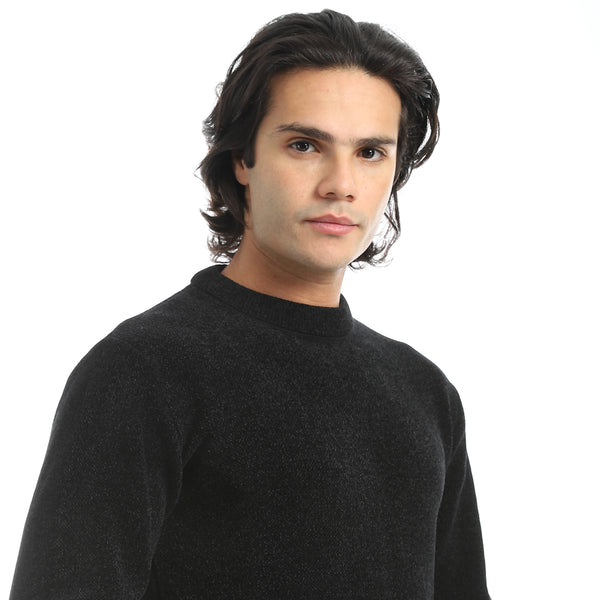 Black_Velvet_Round_Collar_Long_Sleeves_Smart_Casual_Pullover-Black