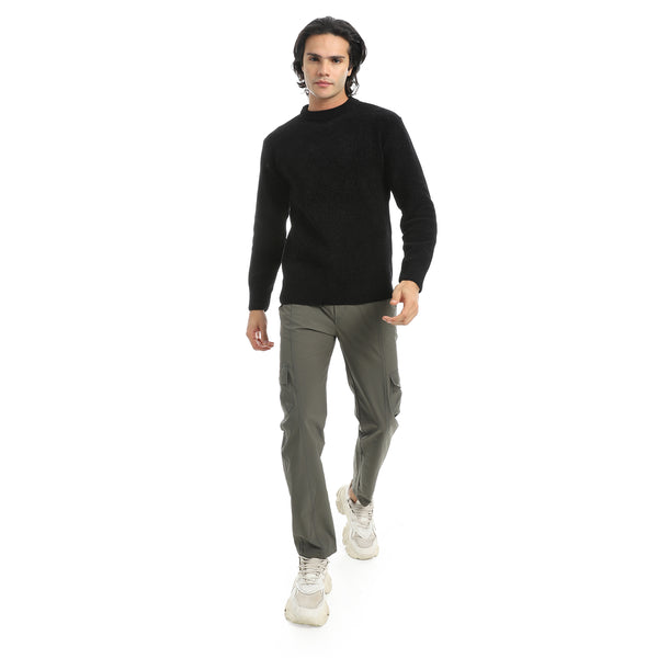 Black_Velvet_Round_Collar_Long_Sleeves_Smart_Casual_Pullover-Black