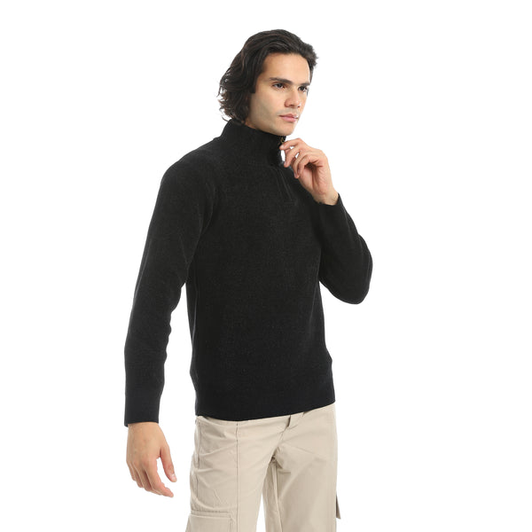 Velvet_Half_Zipper_High_Neck_Black_Pullover-Black
