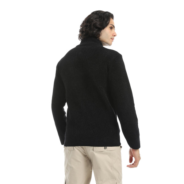 Velvet_Half_Zipper_High_Neck_Black_Pullover-Black