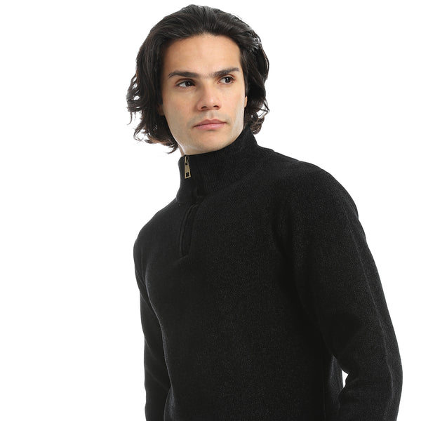 Velvet_Half_Zipper_High_Neck_Black_Pullover-Black