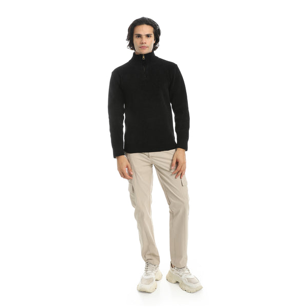 Velvet_Half_Zipper_High_Neck_Black_Pullover-Black