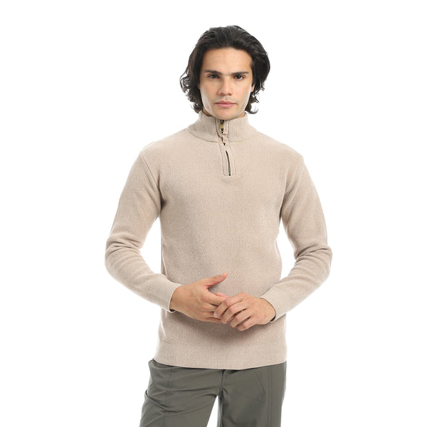 Velvet_Half_Zipper_High_Neck_Beige_Pullover-Brown