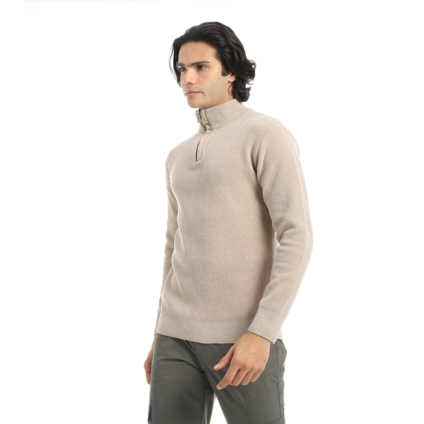 Velvet_Half_Zipper_High_Neck_Beige_Pullover-Brown