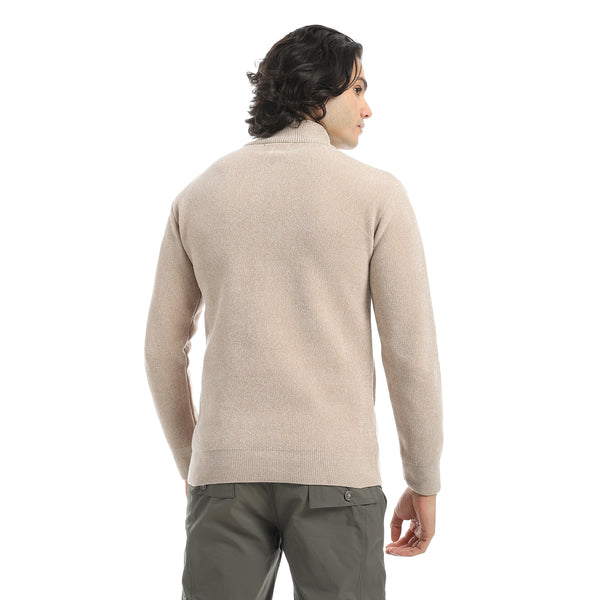 Velvet_Half_Zipper_High_Neck_Beige_Pullover-Brown
