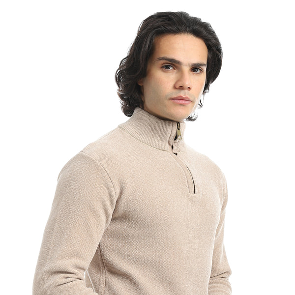 Velvet_Half_Zipper_High_Neck_Beige_Pullover-Brown