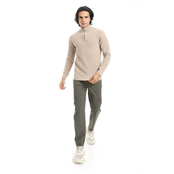 Velvet_Half_Zipper_High_Neck_Beige_Pullover-Brown