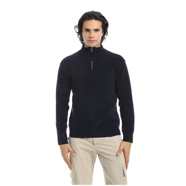 Velvet_Half_Zipper_High_Neck_Navy_Blue_Pullover-Blue