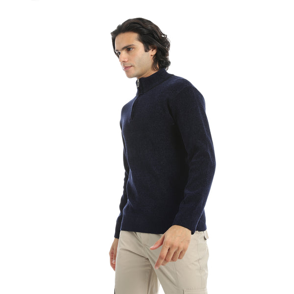 Velvet_Half_Zipper_High_Neck_Navy_Blue_Pullover-Blue