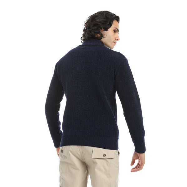 Velvet_Half_Zipper_High_Neck_Navy_Blue_Pullover-Blue