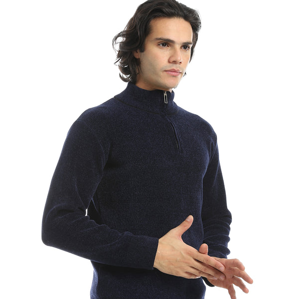 Velvet_Half_Zipper_High_Neck_Navy_Blue_Pullover-Blue