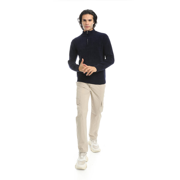 Velvet_Half_Zipper_High_Neck_Navy_Blue_Pullover-Blue