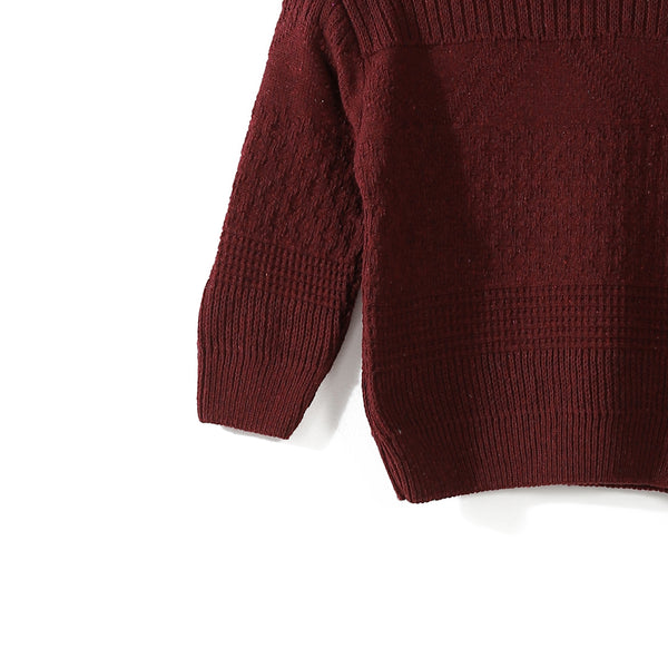 Self_Patterened_Round_Collar_Long_Sleeves_Burgundy_Pullover_Burgundy