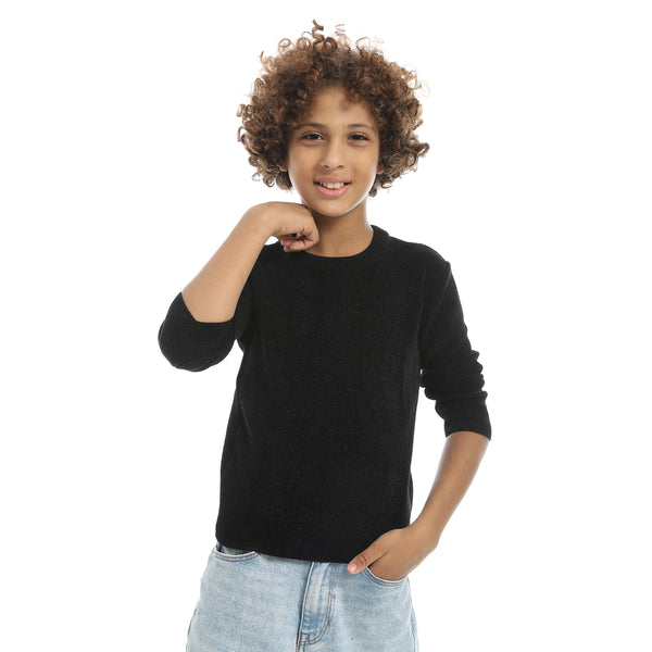 Black_Velvet_Round_Collar_Long_Sleeves_Plain_Pullover-Black