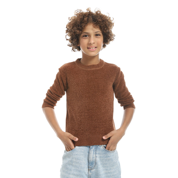 Brown_Velvet_Round_Collar_Long_Sleeves_Plain_Pullover-Brown