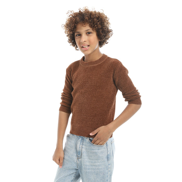 Brown_Velvet_Round_Collar_Long_Sleeves_Plain_Pullover-Brown