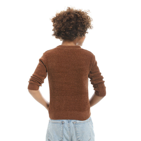 Brown_Velvet_Round_Collar_Long_Sleeves_Plain_Pullover-Brown