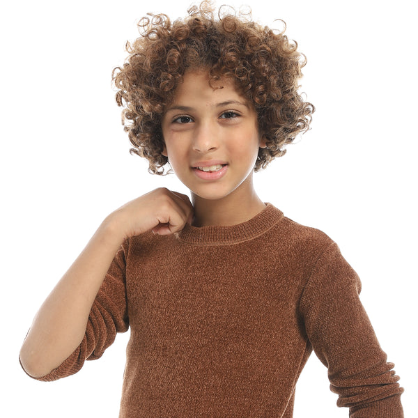 Brown_Velvet_Round_Collar_Long_Sleeves_Plain_Pullover-Brown