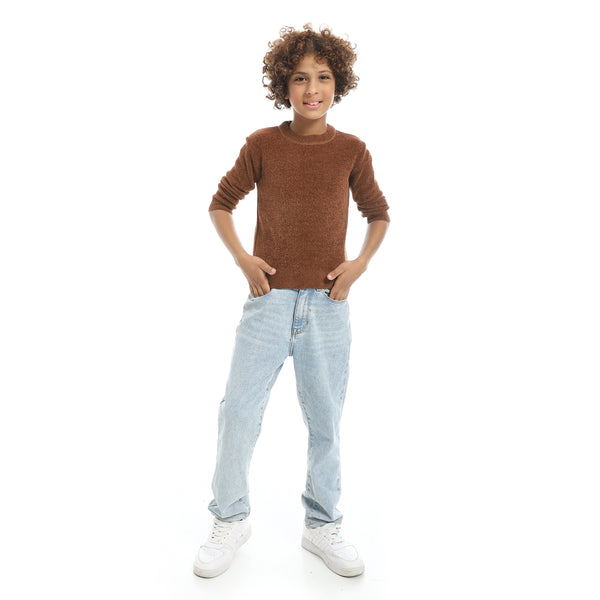 Brown_Velvet_Round_Collar_Long_Sleeves_Plain_Pullover-Brown