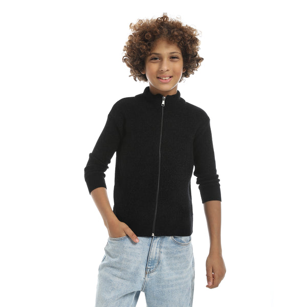Self_Patterened_Full_Zipper_Closure_Velvet_Sweater_-_Black