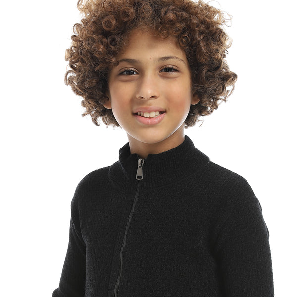 Self_Patterened_Full_Zipper_Closure_Velvet_Sweater_-_Black