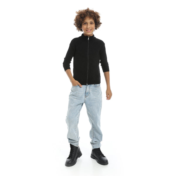 Self_Patterened_Full_Zipper_Closure_Velvet_Sweater_-_Black
