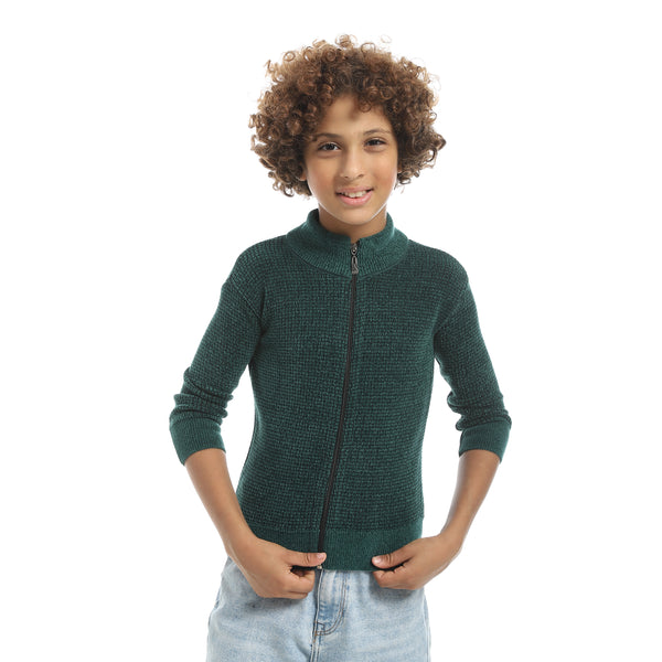 Self_Patterened_Full_Zipper_Closure_Velvet_Sweater_-_Green