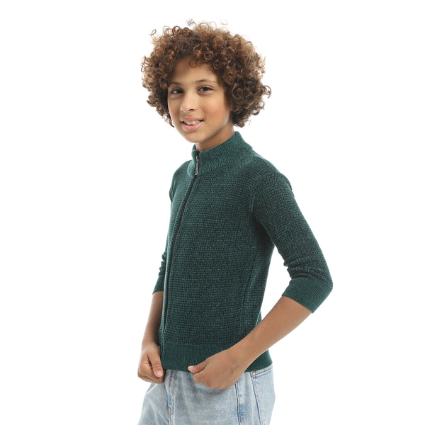 Self_Patterened_Full_Zipper_Closure_Velvet_Sweater_-_Green