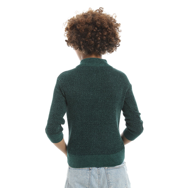 Self_Patterened_Full_Zipper_Closure_Velvet_Sweater_-_Green