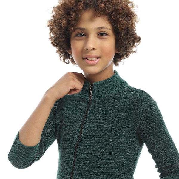 Self_Patterened_Full_Zipper_Closure_Velvet_Sweater_-_Green