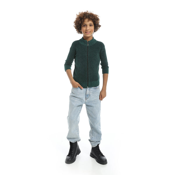 Self_Patterened_Full_Zipper_Closure_Velvet_Sweater_-_Green