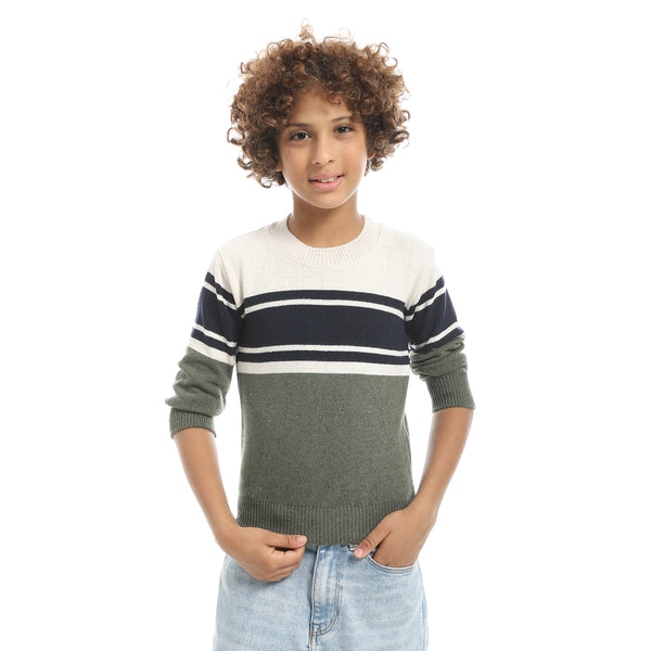 Beige_And_Green_And_Navy_Crew_Neck_Stripped_Pullover-Indigo
