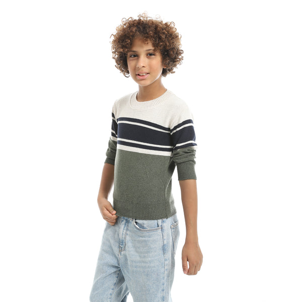 Beige_And_Green_And_Navy_Crew_Neck_Stripped_Pullover-Indigo