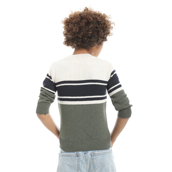Beige_And_Green_And_Navy_Crew_Neck_Stripped_Pullover-Indigo